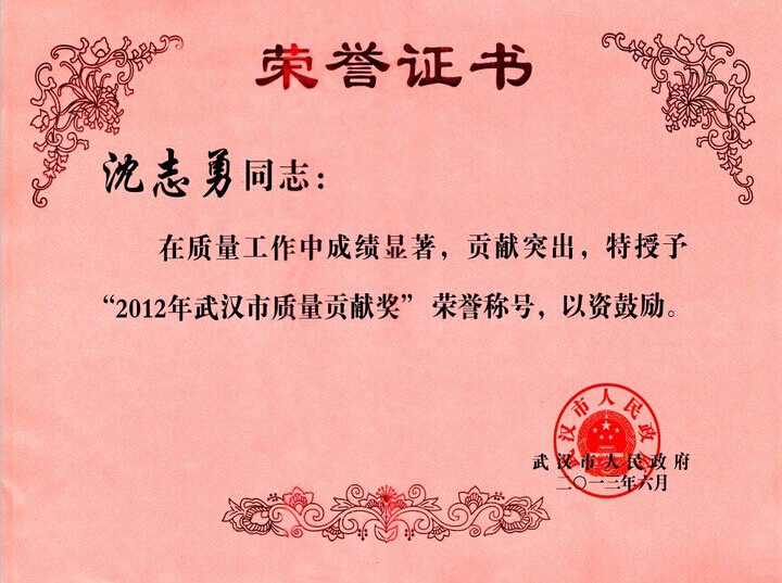 新八集团总工沈志勇荣获2012年“武汉市质量贡献奖”
